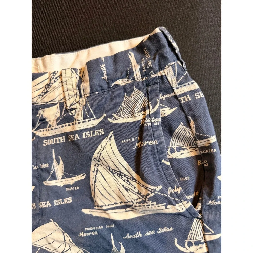 J.Crew South Sea Isles Nautical Polynesian Ship Print Chino Shorts Blue Preppy